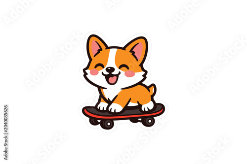 Funny Skateboard Corgi Sticker, Cute Dog Mascot Character, Kawaii Skater Puppy Cartoon