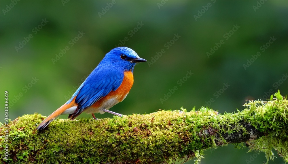Obraz premium vivid blue and orange bird perches on mossy branch against a blurred green backdrop