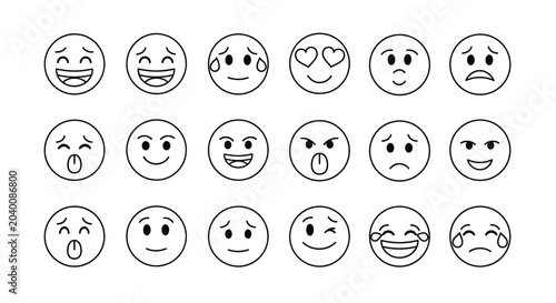 Foto Set of black and white hand drawn cartoon emojis expressing various emotions like happiness, sadness, love, anger, surprise and laughter in a flat design style