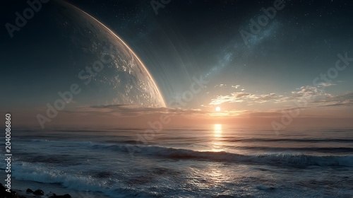 Cinematic sci-fi landscape featuring a colossal ringed planet rising over a calm ocean during a glowing sunrise with copy space