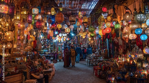 Bustling traditional bazaar with shoppers and hundreds of glowing colorful lanterns for travel culture and exotic shopping experience ads