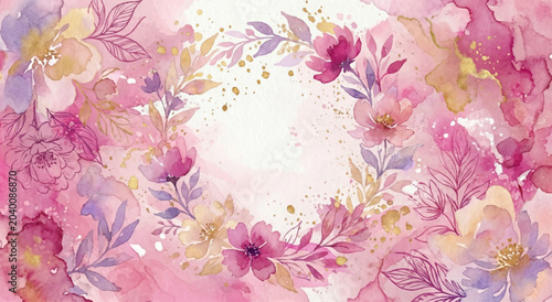 Konstfotografi Watercolor floral ornament with pink and gold hues, decorative frame