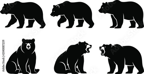 Foto Bear silhouette and wildlife vector icon set, black silhouettes of grizzly and p