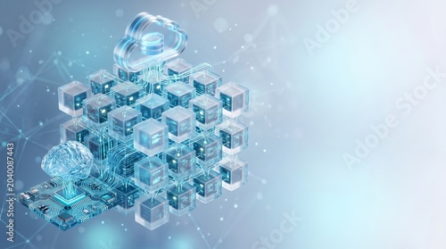 AI Cloud Computing Network Connecting Digital Blockchain Cube Grid with Brain and Circuit Board 3d render