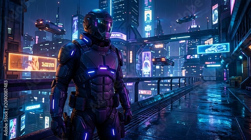 Futuristic soldier in hightech armor standing on a rainy cyberpunk city street with flying vehicles and neon lights at night