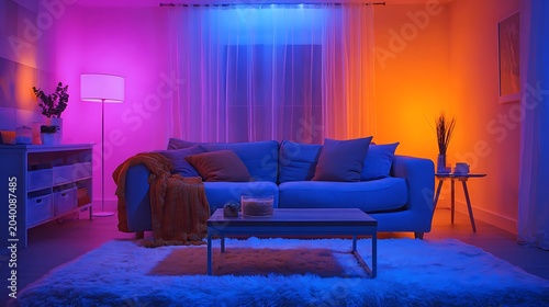 Modern living room interior with colorful ambient neon lighting, blue sofa and fluffy white rug, ideal for smart home technology background copy space