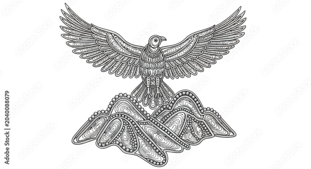 Fototapeta premium Elegant mythical eagle bird perched on ornate abstract cloud design intricate line art isolated on white background