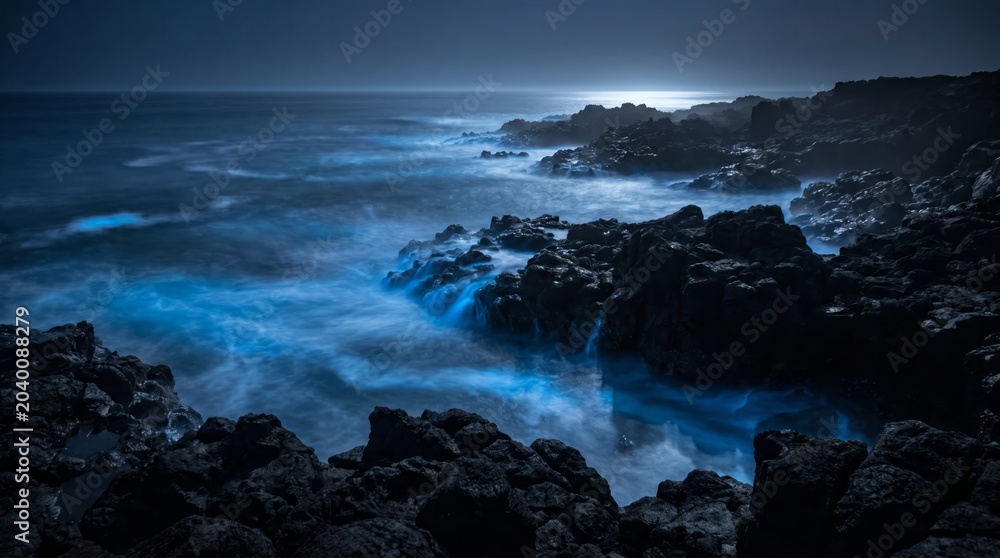 Fototapeta premium Glowing waves crashing rocky coastline at dusk with luminescent water