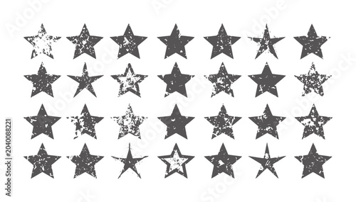 Collection of distressed dark gray five pointed stars white shape symbol texture