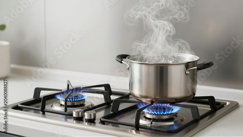 Stainless steel pot boiling water on a gas stove burner with a blue flame. Thick steam rises from the pan in a clean kitchen. Close-up of hot domestic cooking and heat energy