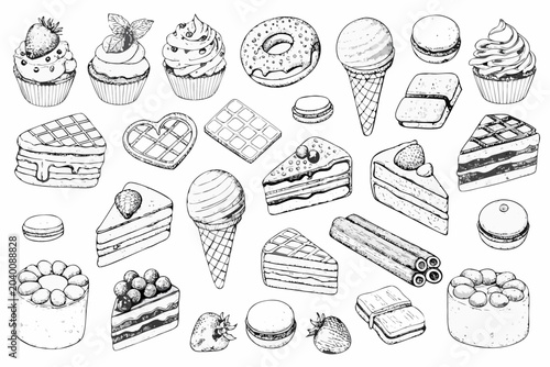 Foto Assorted Desserts And Sweets Black And White Sketch Illustration
