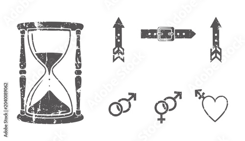 Obraz na płótnie Grunge hourglass belt arrows and gender symbols with heart time sand buckle