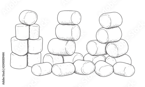 Принти на полотні Hand drawn of stacked cylindrical marshmallows in piles food sweet confectionery
