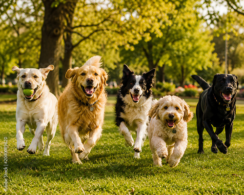 Happy Dogs Running in Green Park – Playful Pet Lifestyle and Outdoor Exercise Concept