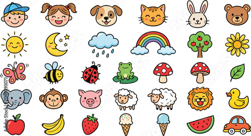 Photography Colorful cartoon icons of animals, food, and nature