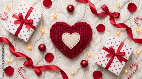 Wrapped gifts and a knitted heart are surrounded by ribbon and festive decor.