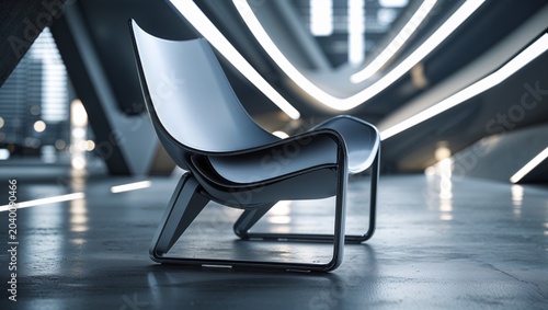 Modern cantilever chair in a futuristic interior illuminated by neon lights for a bold concept.