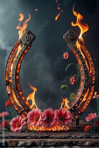 Flaming Horseshoe With Flowers On Wooden Surface Dark And Mysterious Mood