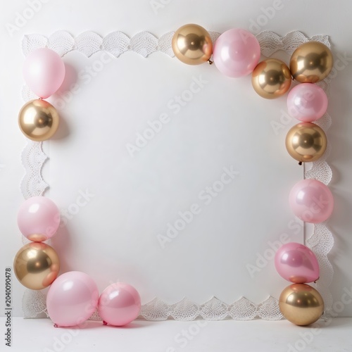 Delicate balloon frame with pink and gold balloons and lace trim, perfect for greetings