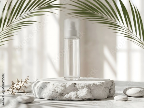 Minimalist Luxury Skincare Glass Bottle Product Photography White Marble Background Palm Shadow Editorial Style