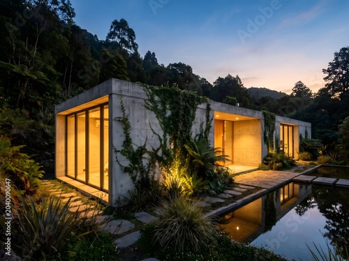 Biophilic Modern Minimalist Concrete Villa Hanging Gardens Glass Windows Evening Cinematic Architectural Photography