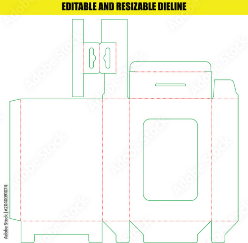 Customizable retail box dieline template with hanging hole and front window for professional product packaging design