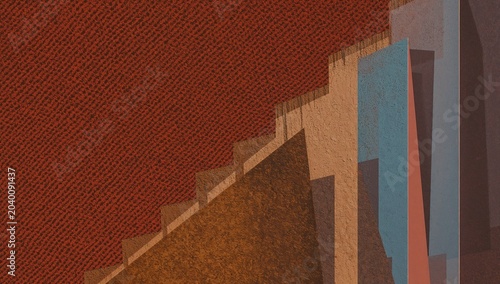 Minimalist abstract of brown fabric texture meeting angular earth-toned blocks and shadows.