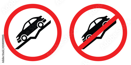 Photos Car ascending steep incline with warning sign of danger and forbidden symbol ind