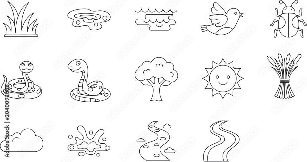 Obraz premium Set of cute nature icons with animals plants and weather elements in doodle line art style