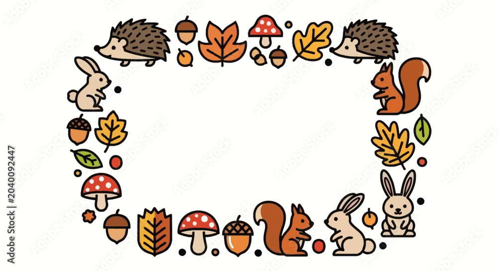 Fototapeta premium Autumn Frame with Cute Animals and Fall Elements - Vector Illustration