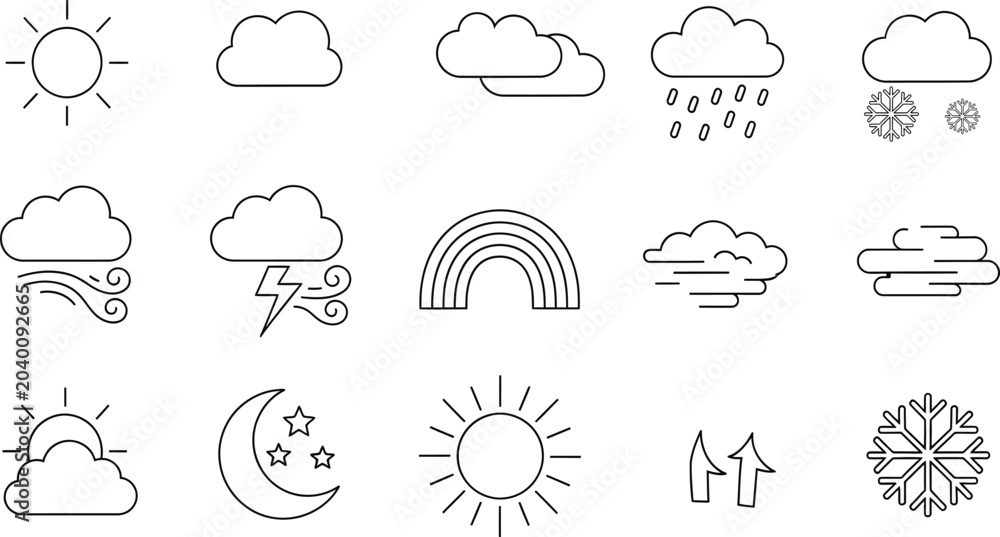 Fototapeta premium Set of black and white weather icons including sun clouds rain storm and snow symbols