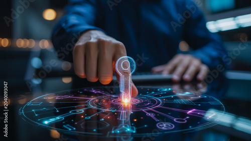 Futuristic keyhole with glowing digital interface in space