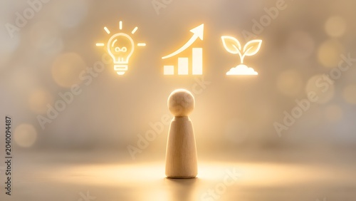 Wooden figure with innovative idea bulb, financial bar chart, and sustainable plant icons