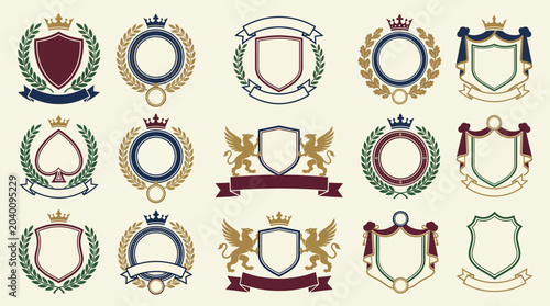 Heritage crest emblem vector kit with blank shields, laurel wreaths, crowns, ribbon banners and vintage premium branding elements