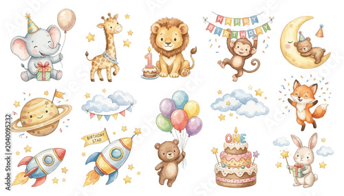 Canvas Print Watercolor birthday clipart collection with cute animals, party elements and whimsical space themed decorations for kids