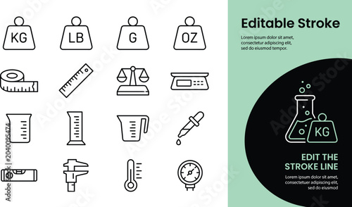 Cuadro en lienzo Flat line art icons of kitchen scales, measuring tools, and food weight units with editable stroke lines in green and gray tones