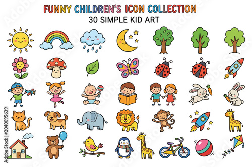 Funny childrens icon collection 30 simple kid art