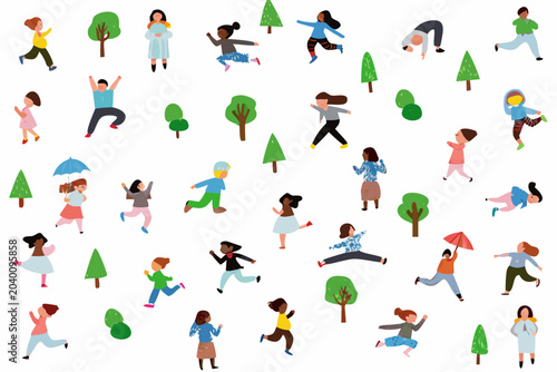 People Trees And Umbrellas Vector Illustration On White Background