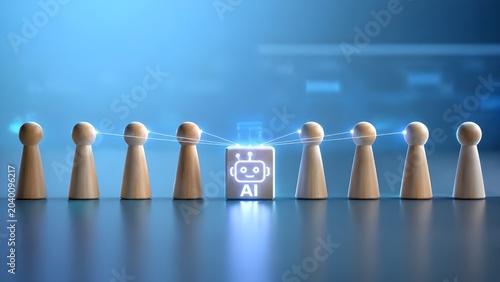 Wooden figures with AI artificial intelligence cube technology concept