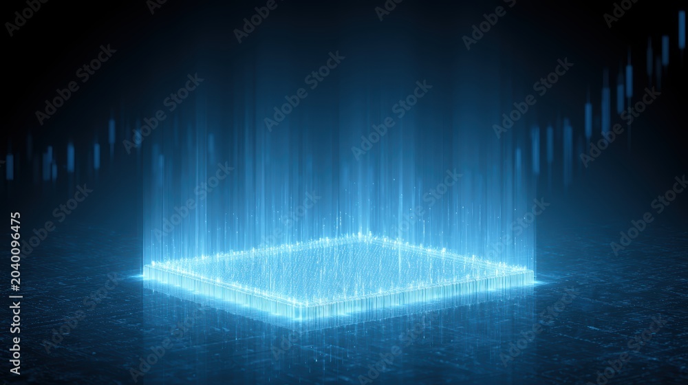 Fototapeta premium AI stock market boom, glowing semiconductor chip, rising candlestick chart, futuristic finance tech