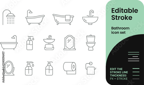 Modern flat design bathroom essentials icon set in editable stroke style, vector line art for home decor and interior design.