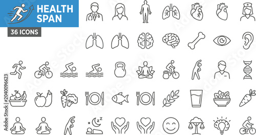 Collection of 30 minimalist health, fitness, and wellness outline icons in black and white vector style.