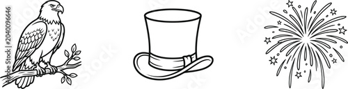 Konstfotografi American symbolism trio bald eagle top hat and fireworks line art illustration