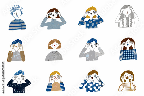 Obraz na plátně Worried characters illustration with hands covering faces watercolor style