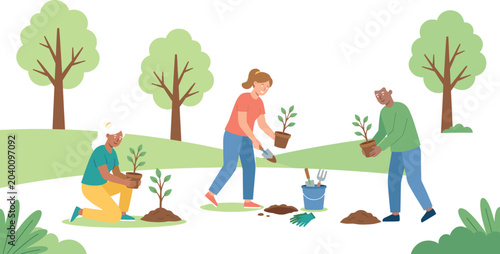 Fotografie Community Tree Planting Activity in Public Park with Volunteers Gardening and En