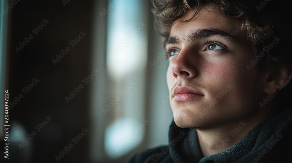 Obraz premium Young Man Looking Upwards with Hopeful Expression, Close-up Portrait, Soft Natural Light