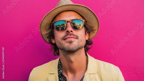 Man wearing a straw hat and sunglasses against a vibrant pink background, looking confidently forward