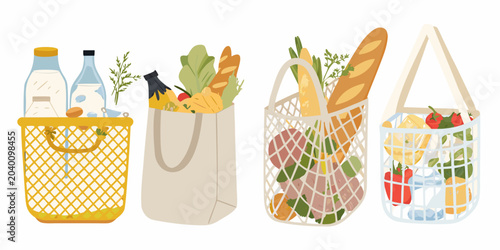Canvastavla Grocery Items In Wicker Baskets Flat Vector Illustration
