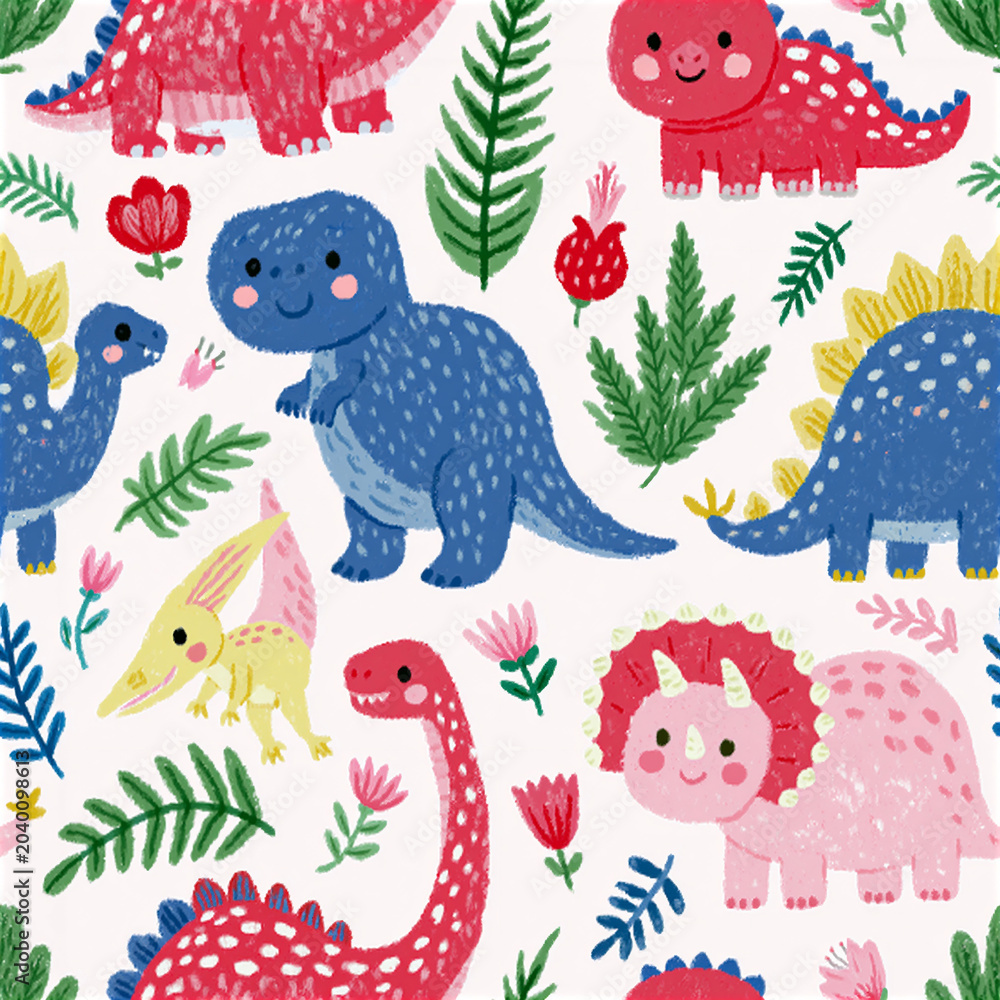 Fototapeta premium Various cute and funny dinosaurs on white background. Naive art and nursery pattern concept. Children seamless illustration for print, textile, fabric, design