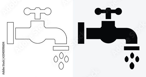 Water supply faucet and plumbing utility icon set with outline vectors